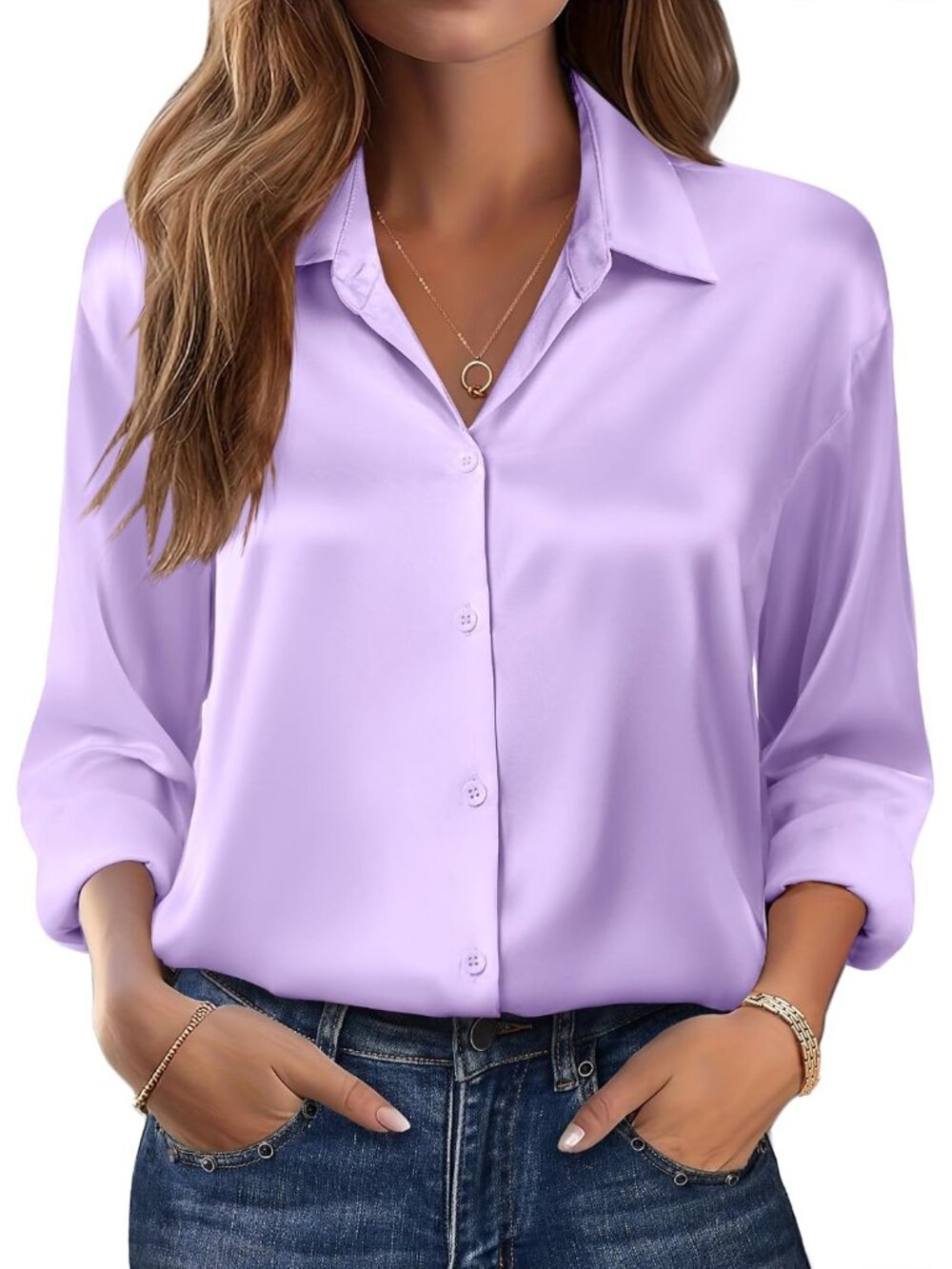 Women's Blouse Satin Silk Shirts Button Down Shirts Casual Loose Long Sleeve Off